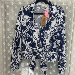 Christian Siriano Navy and White Floral Button Down Shirt